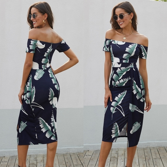 Dark Navy Printed Off-Shoulder Split Dress - Picture 1 of 5
